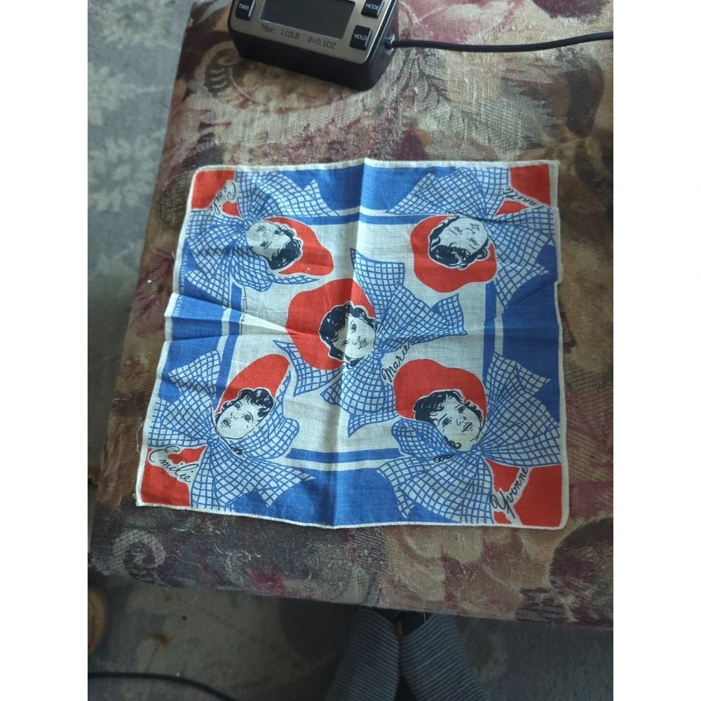 Dionne Quint Quintuplets 1930's Hanky Handkerchief Hankie Red White Blue Bonnet